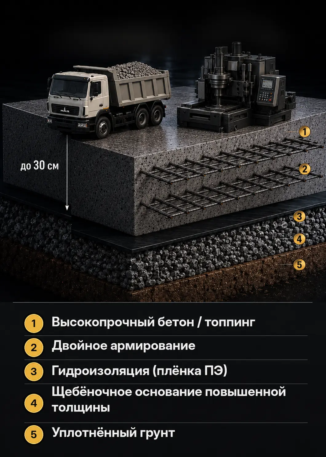 Конструкция промышленного бетонного пола Усиленный плюс